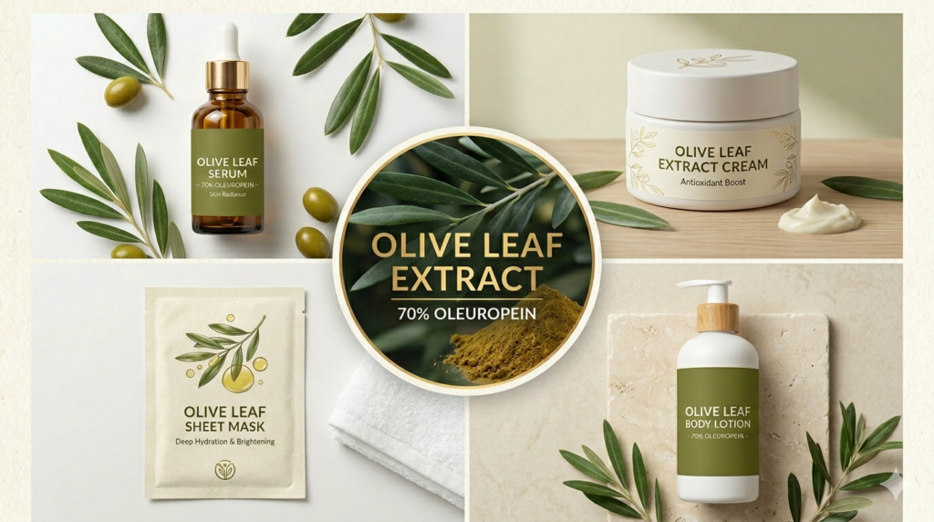 olive-leaf-extract-70-percent-cosmetic-use Olive Leaf Extract 70% for cosmetic use - skincare applications including serum, cream, and face mask with antioxidant protection benefits