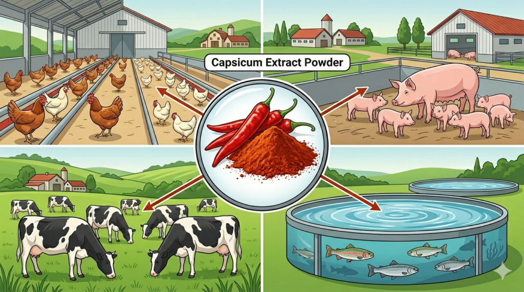 Chili extract for animal nutrition - EU regulation approval and applications for poultry, swine, dairy, and aquaculture.